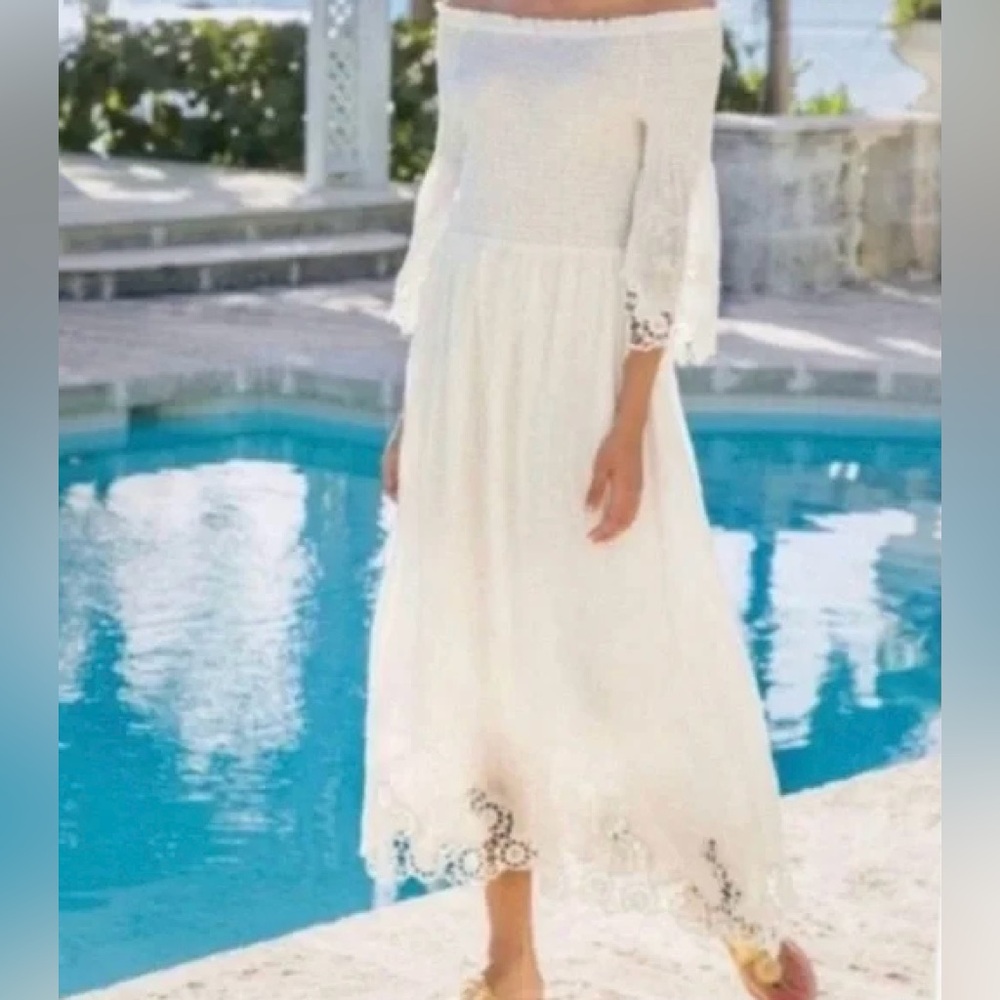 Soft Surroundings MEDIUM PETITE White Linen Smocked Midi Dress Battenberg Lace - Picture 2 of 12